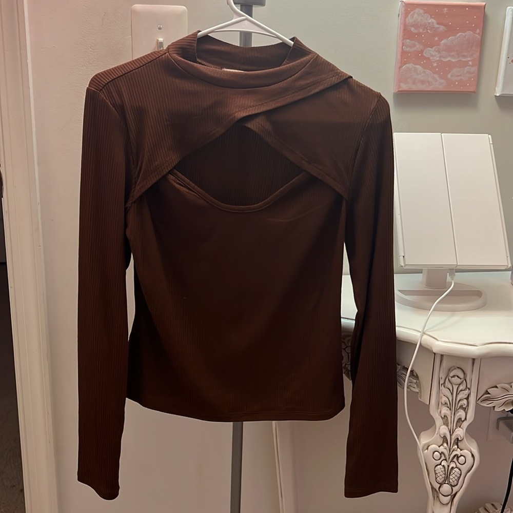 Ribbed Knit Brown Cutout Long-Sleeve Top